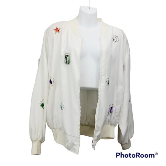 Minimalist Neutral White pearl embellished Embroidered Zip Up Jacket size M - Picture 6 of 15